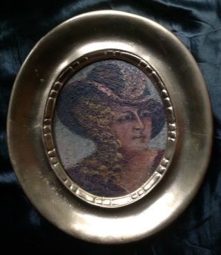 Small Oil On Panel Portrait Georgian Lady In Hat Antique Oval Gilt Wood Frame
