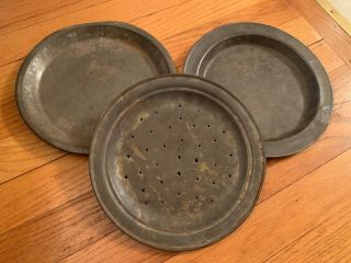 Mid 19th Century 3 Civil War Era Tin Mess Dishes 1 Is Strainer Plate Group
