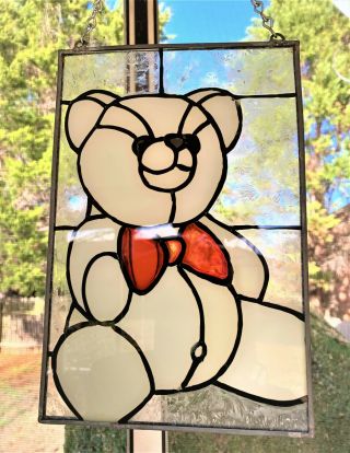 Rare Vintage Christmas Collectible Stained Glass Teddy Bear With Hanging Chain