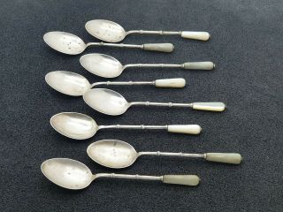 Rare 19th Century Chinese Export Silver Set Of 8 Spoons Bamboo Design M.  P Handle