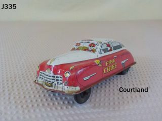 Vintage Walt Reach Courtland Fire Chief Tin Wind Up Toy Car Auto Jersey Rare