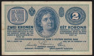 1914 2 Kronen Austria Hungary Empire Rare Wwi Paper Money Banknote Currency Vf