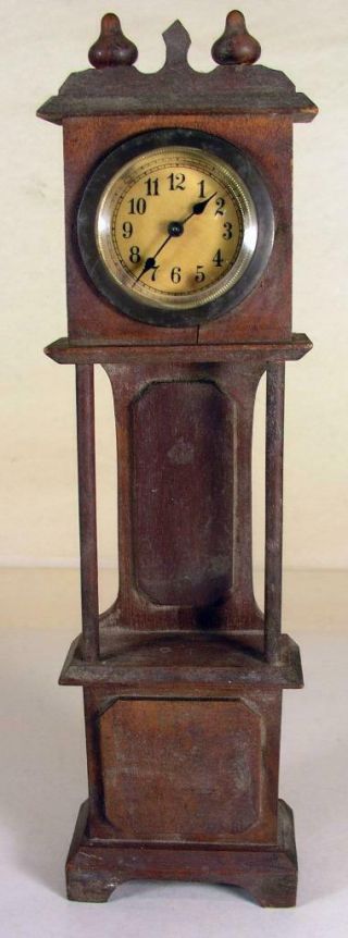 Antique Miniature Wooden Grandfather Shelf Wind Up Clock Toy Or Large Dollhouse