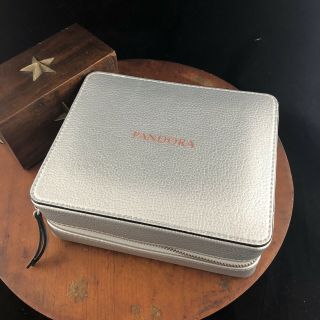 Rare Metallic Silver Pandora Jewelry Travel Storage Zip Box Black Velvet