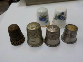 6 Antique Thimbles - Porcelain,  Brass,  Limoge,  English Bone China