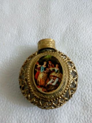 Antique Victorian Brass Filigree Glass Miniature Perfume Bottle