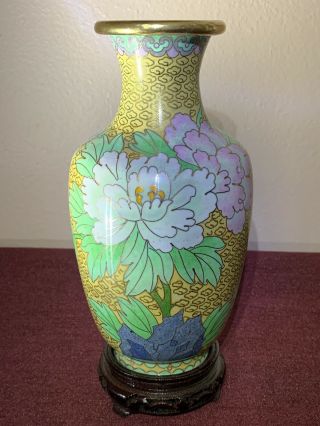 Antique Vintage Chinese Asian Cloisonne Vase Urn Lotus Flower Bird 8” Wistand