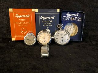 Rare Ingersoll / Radiolette Transitional Wrist Watch Plus 2 Others W/boxes (w7)