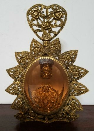 Vintage Gilded Ormolu Filigree Perfume Bottle - Roses Design - Beveled Glass 8.  5 "