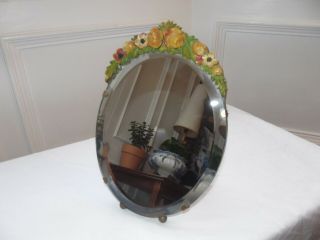 Vintage Small Barbola Flowers Oval Easel Dressing Table Mirror Art Deco C1930s
