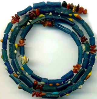 Roman Ancient Blue Glass Beads Encrusted Tubes Baltic Amber Centuries Old 21 "