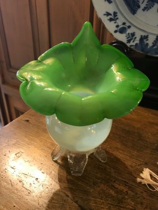 Victorian Cased Footed Art Glass Jack In The Pulpit Vase Green White Antique