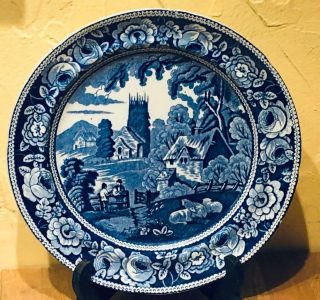 Antique Blue Staffordshire Plate,  " Village Church ",  Possibly Rogers Or Stubbs
