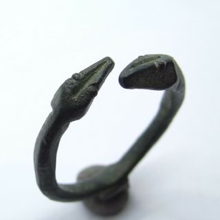 Viking Ancient Artifact Bronze Ring With Two Snake Heads