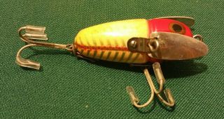 Vtg Rare Antique Heddon 2102xs Crazy Crawler 2.  5 " Wood Red & White Fishing Lure