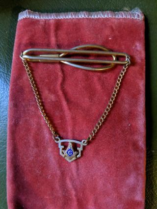 Rare Vtg Mens Masonic Tie Clip With Gold Signet & Chain & Rgp Bar