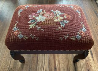 Antique Footstool Wool Needlepoint Floral On Burgundy & Wood 10 " Tall X 14.  5 " W
