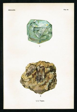 1911 Silicates: Topaz,  Geology,  Minerals,  Rocks,  Antique Print - L.  J Spencer