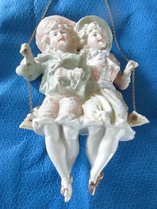 Rare Antique German All Bisque Swinger Doll Pair Shade / Oil Lamp Pull
