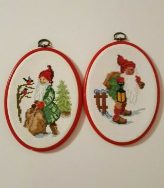 2 Vintage Swedish Christmas Wall Hanging Hand Embroidered Picture Cross Stitch