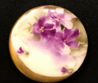 Antique Victorian Hand Painted Porcelain Stud Button,  Violets,  Floral,  Large
