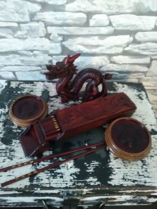 Vintage Oriental Chinese Resin Dragon,  Wooden Carved Box With Chopsticks/candle