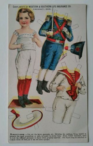 Antique Paper Doll Lithograph Advertising Card Western & Southern Life Insurance