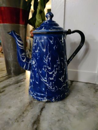 Antique French Enamelware Graniteware Cobalt Blue Marbleized Teapot Pitcher