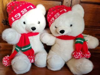Vintage 1987 K - Mart Dan Dee,  Set Of 2 Christmas White Polar Bears,  Plush Stuffed