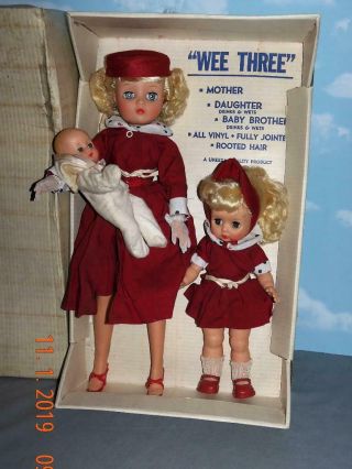 Very Rare 1961 Uneeda Doll Set - Wee Three Mommy,  Daughter,  Baby In Orig.  Box
