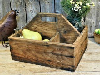 Antique Primitive Rustic Divided Old Wood Nail Box Tote Carrier Aafa
