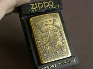 Rare 1996 Solid Brass Zippo Native Indian Chief Warrior Head Cigarette Lighter