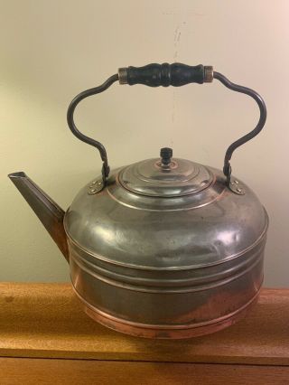 Antique Vintage 1930s Nickel Plated Copper Tea Kettle Wood W/ Handle Large 5 Qt