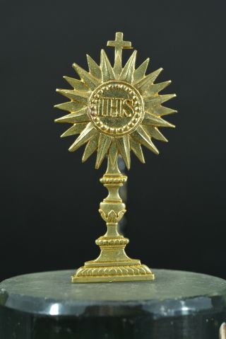 19thc Rare Bronze Religious Medal Pendant Monstrance Shaped Ihs Holy Sacrament