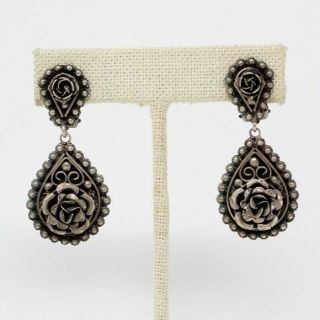 Antique Sterling Silver Ornate Rose Flowers Dangle Clip - On Earrings