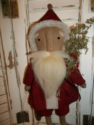 Primitive Folk Art Christmas Santa Claus Doll Red Suit & Stocking
