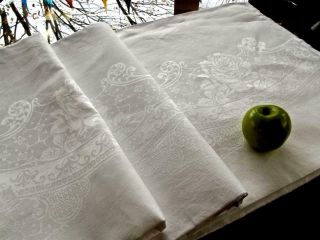 Antique White Irish Linen 72x124 Banquet Tablecloth Damask Roses & Scrolls