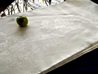 Antique White Irish Linen 72x124 Banquet Tablecloth Damask Roses & Scrolls 2
