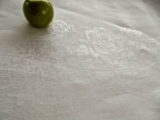 Antique White Irish Linen 72x124 Banquet Tablecloth Damask Roses & Scrolls 3