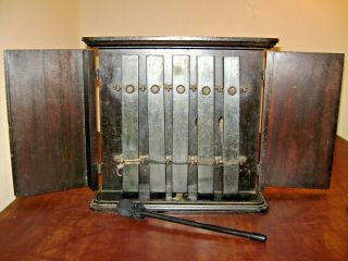 Lovely Antique DINNER CHIME w/ MALLET in Wood Cabinet 5 Plate Railroad? 2