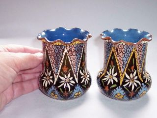 2 X Rare Antique Swiss Thoune Thun Pottery Vases Edelweiss Flowers -