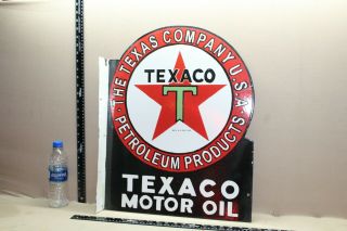 Rare Large Texaco Motor Oil 2 - Sided Flange Porcelain Metal Sign Gas Oil
