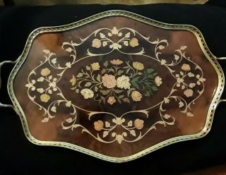 Vintage Italian Satin Wood Inlay Floral Design Serving Tray,  16 1/2 X 11