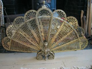Vintage / Antique Brass Peacock Fireplace Screen - Winged Griffin - Japan
