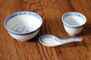 Vintage Chinese Rice Bowl,  Spoon,  And Tea Cup Blue With Dragon Design Euc