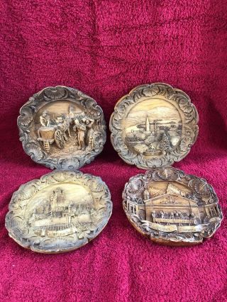 4 X Vintage Black Forest Style Carved Wooden Plaques