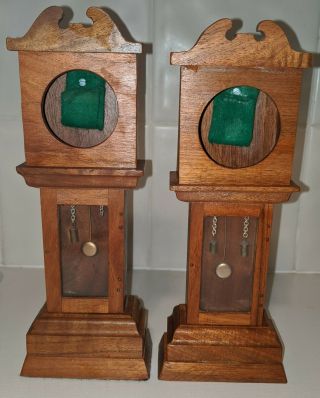 2 Vintage Miniature Handmade Wooden Grandfather Clock Pocket Watch Holder