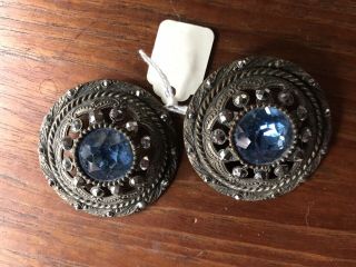 Pair Antique Vintage Button Fancy Victorian Brass Jewel Faceted Steels Large