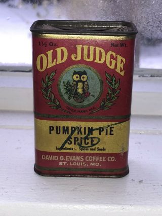 Antique Old Judge Pumpkin Pie Spice Tin David G Evans St Louis Mo Owl W/contents