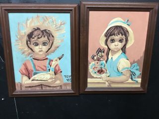 Vintage 60s Paint By Number Picture Big Eye Sad Girl And Boy - A Pair